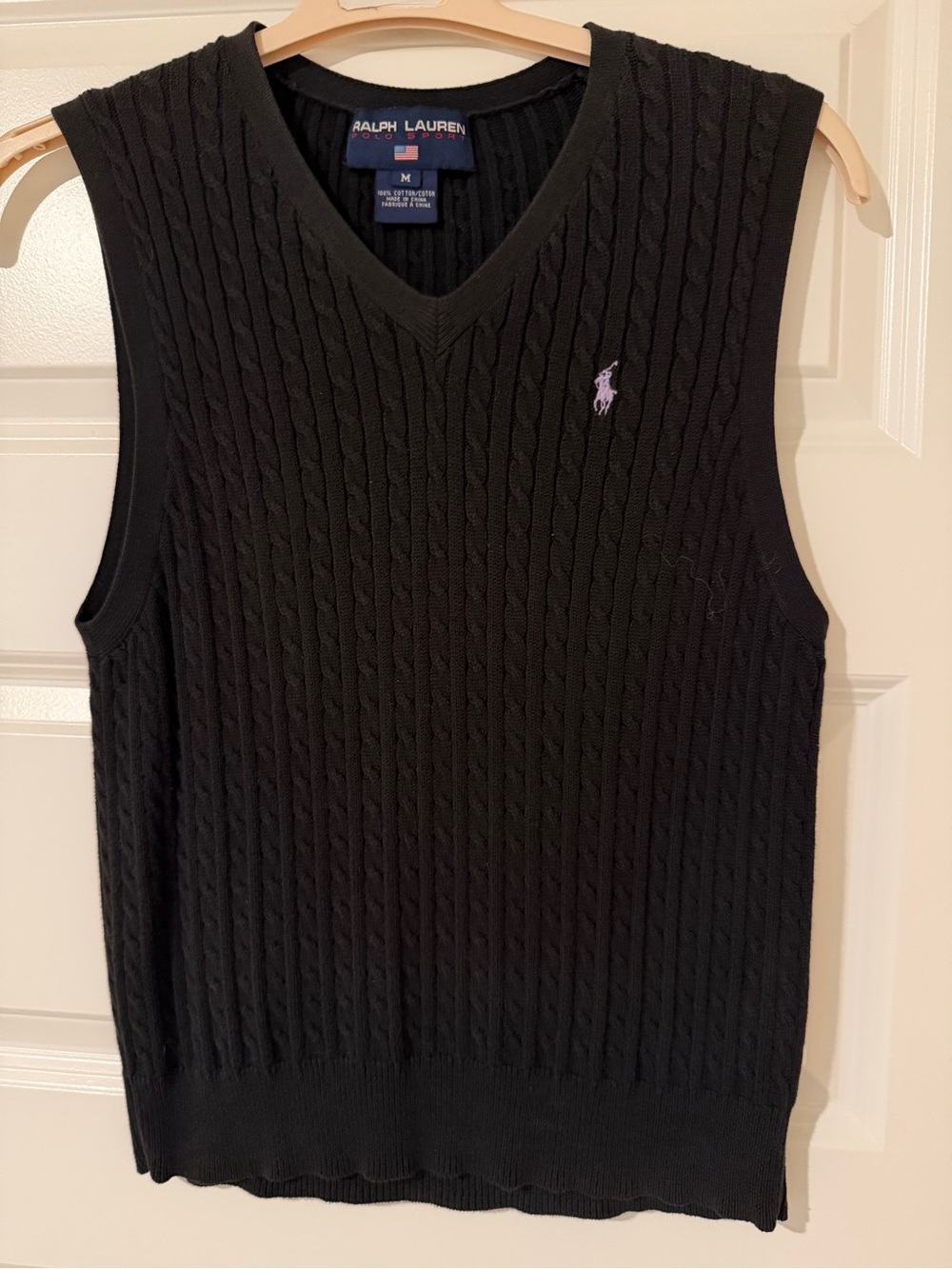 Ralph Lauren Black Cable Knit V-Neck Sweater Vest with Pink Pony